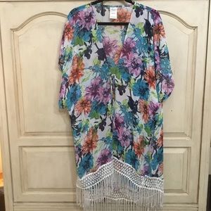 Catalina Women’s Kimono Cover Up Flowy Fringe Sheer Boho Beach Top Sz 12-14 EUC